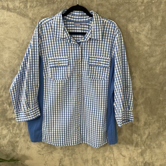 Laura Scott Gingham Blouse top women 3X roll tab sleeves button up w pockets - Picture 1 of 8